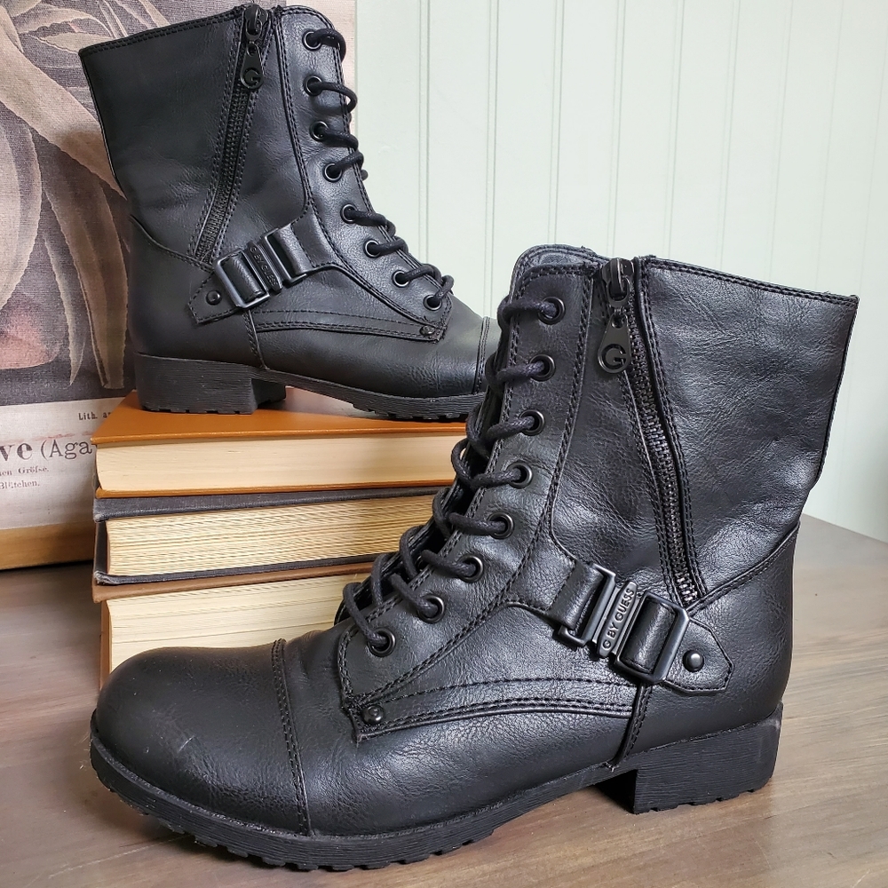 G by Guess Combat Moto Boots Black vegan Leather Boots Size 8